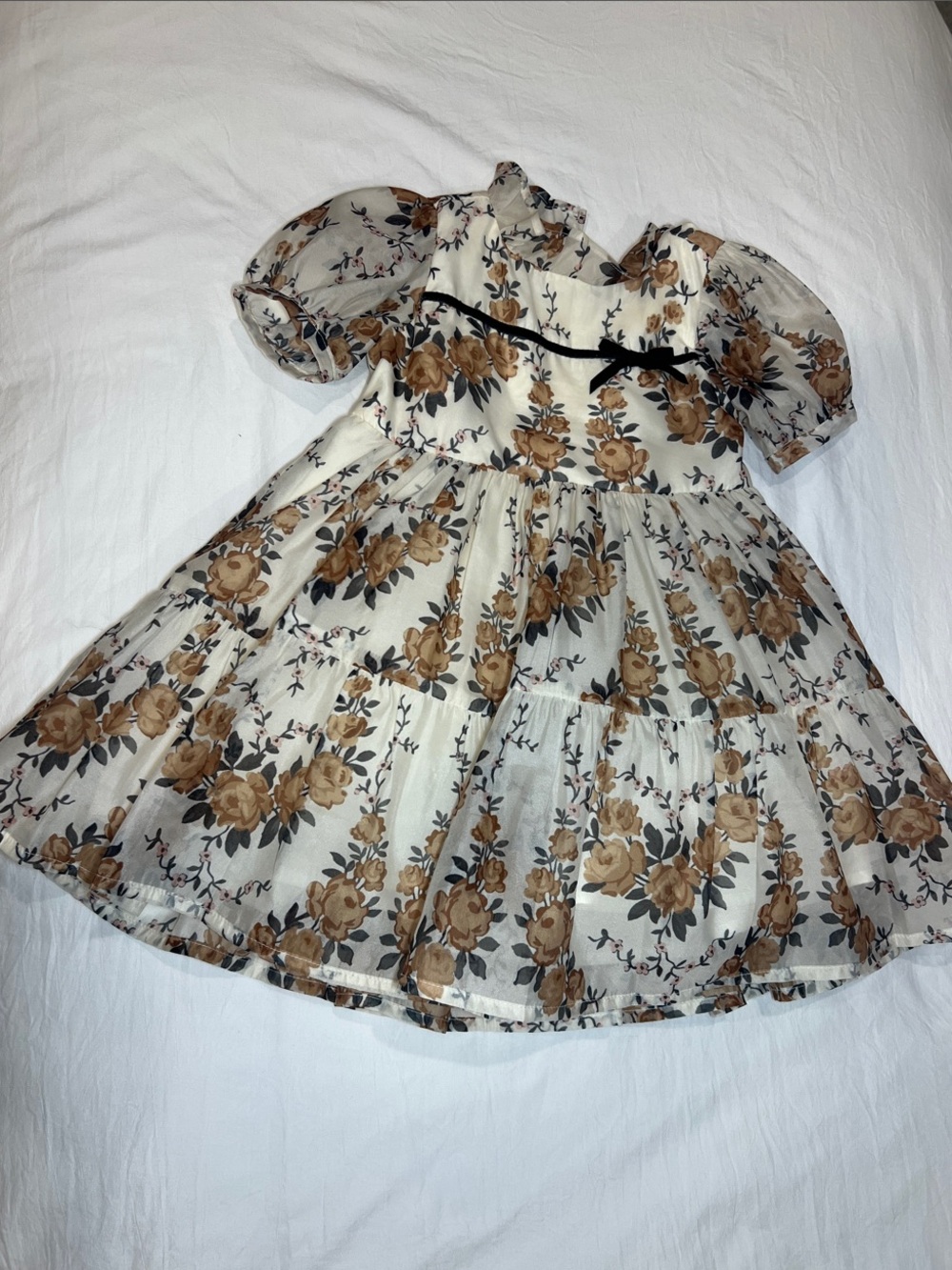 Janie and Jack Cream Dress with Brown Floral Print and Black Trim